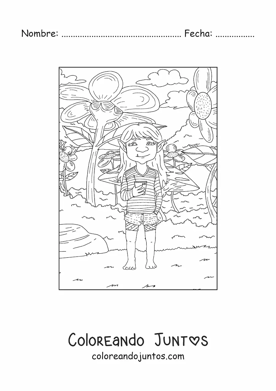 Imagen para colorear de niña troll realista moderna con flores