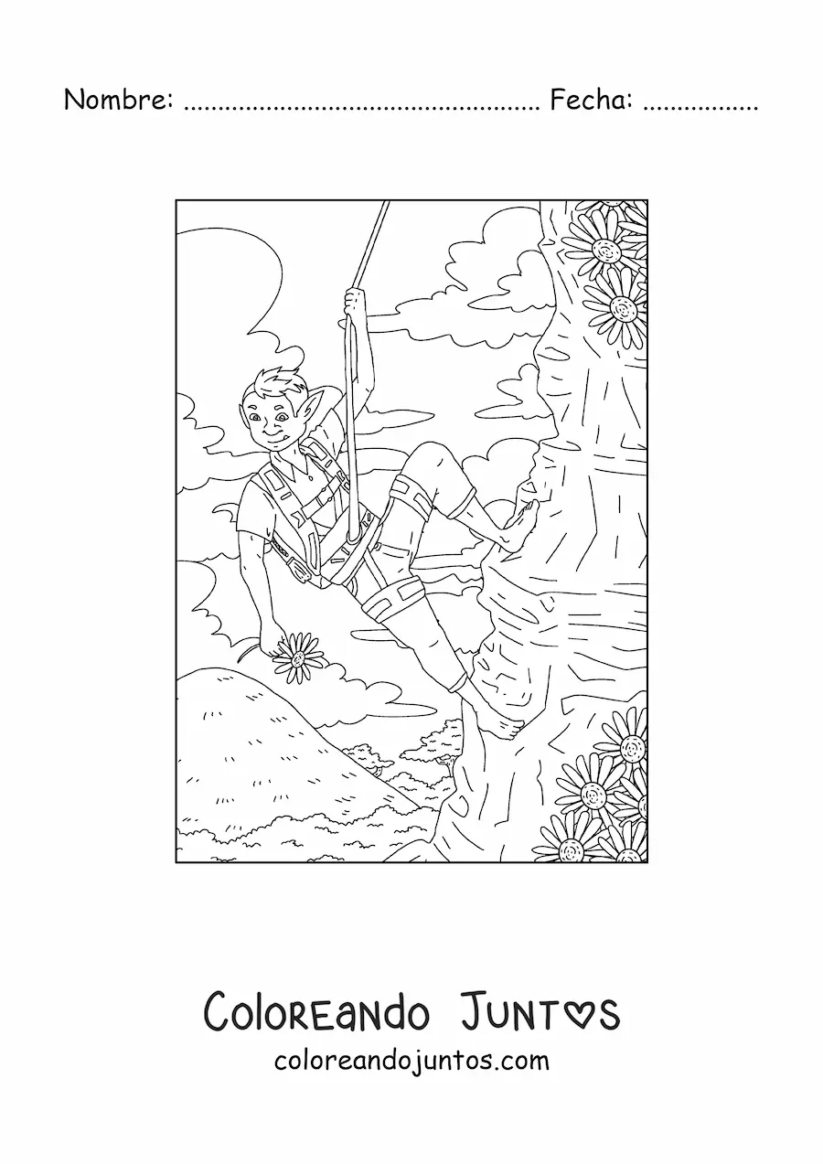 Imagen para colorear de chico troll realista escalando una montaña con flores
