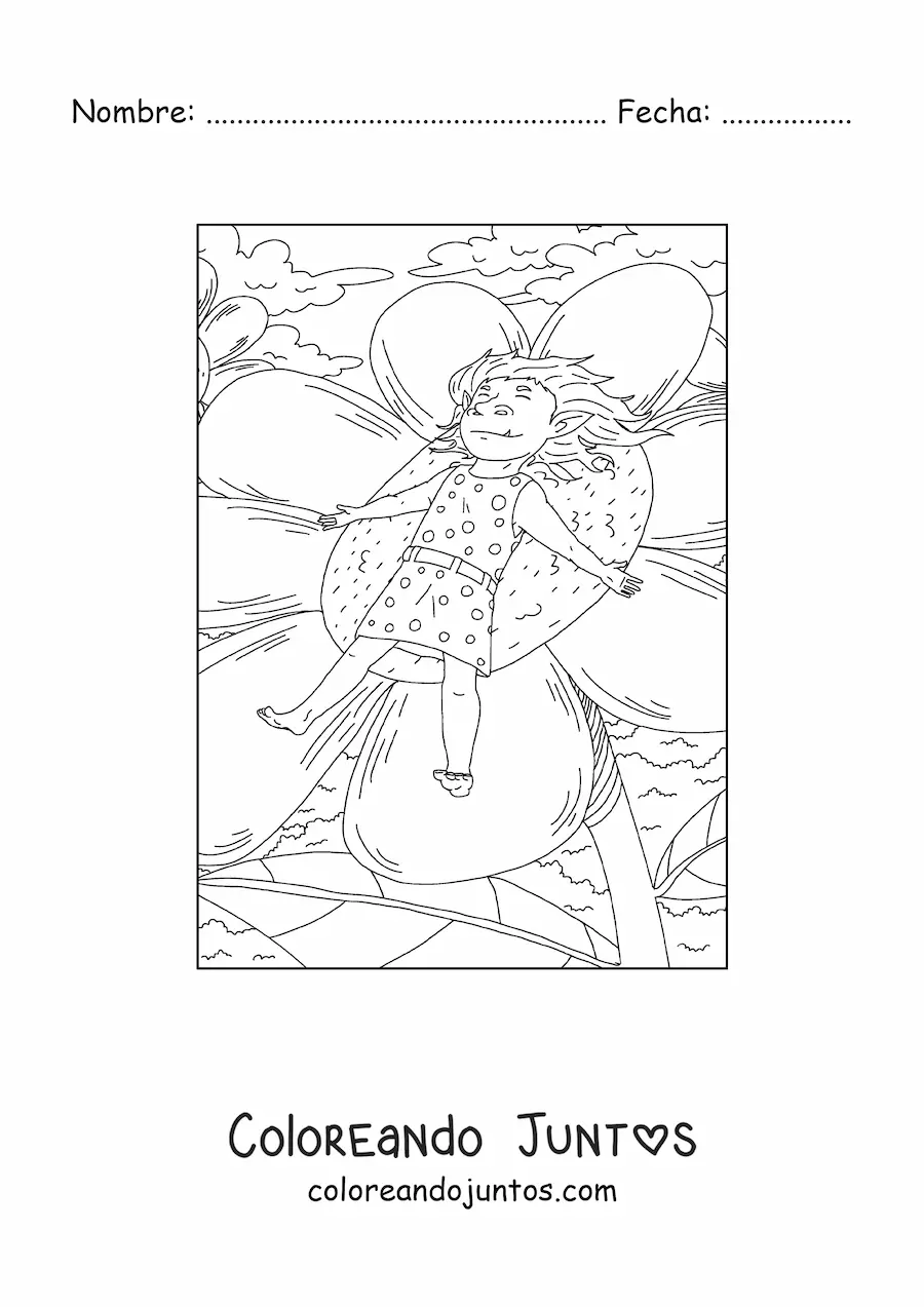 Imagen para colorear de niña troll realista durmiendo sobre una flor