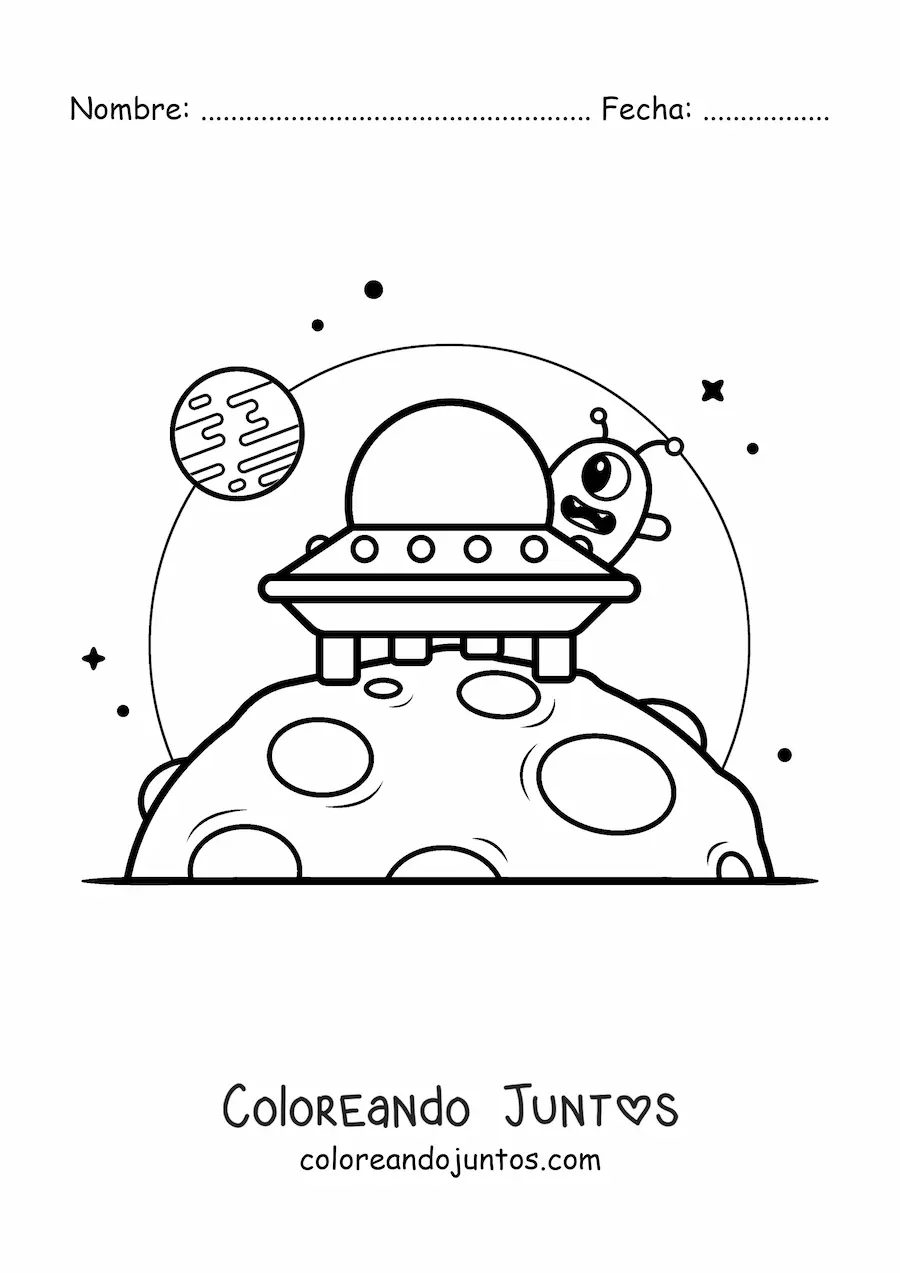 Imagen para colorear de extraterrestre animado en una nave en otro planeta