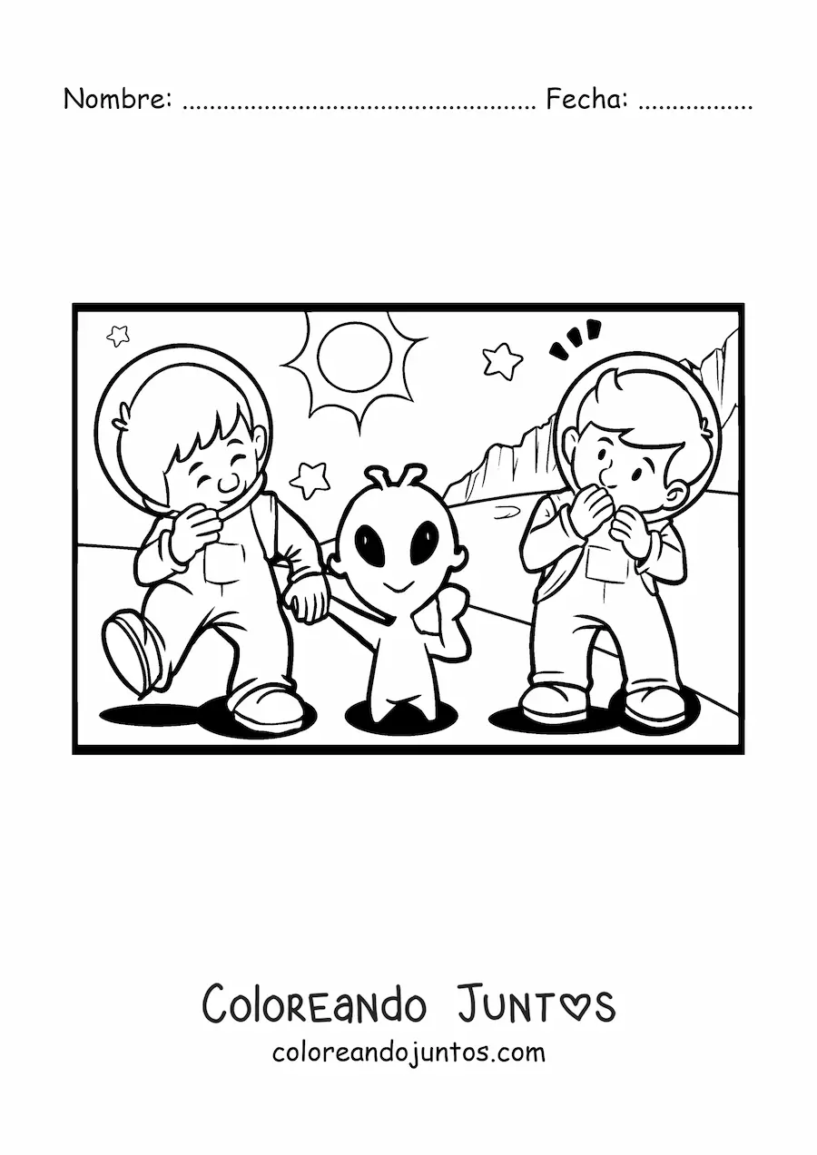 Imagen para colorear de astronautas con extraterrestre en marte
