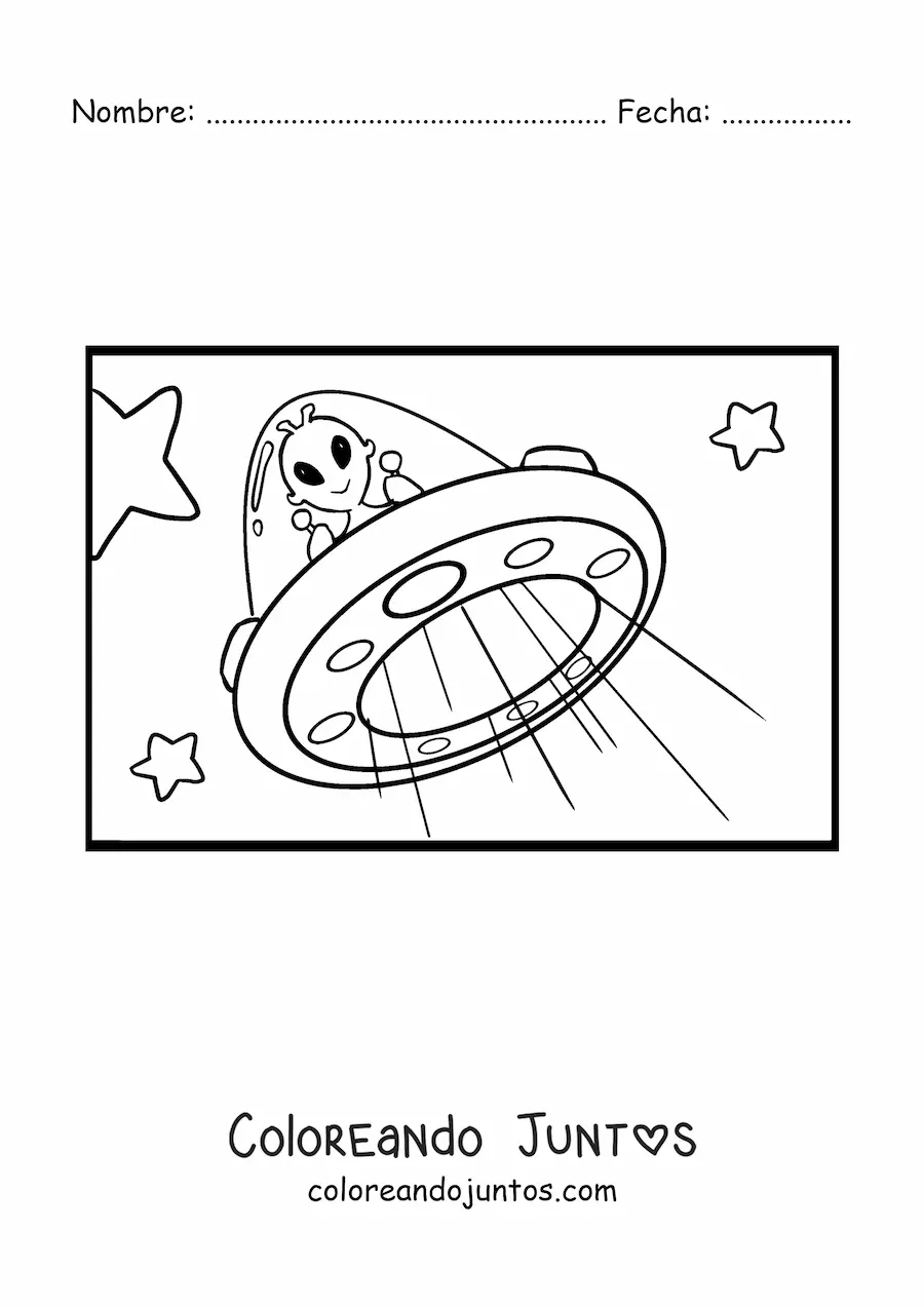 Imagen para colorear de marciano animado volando en un ovni