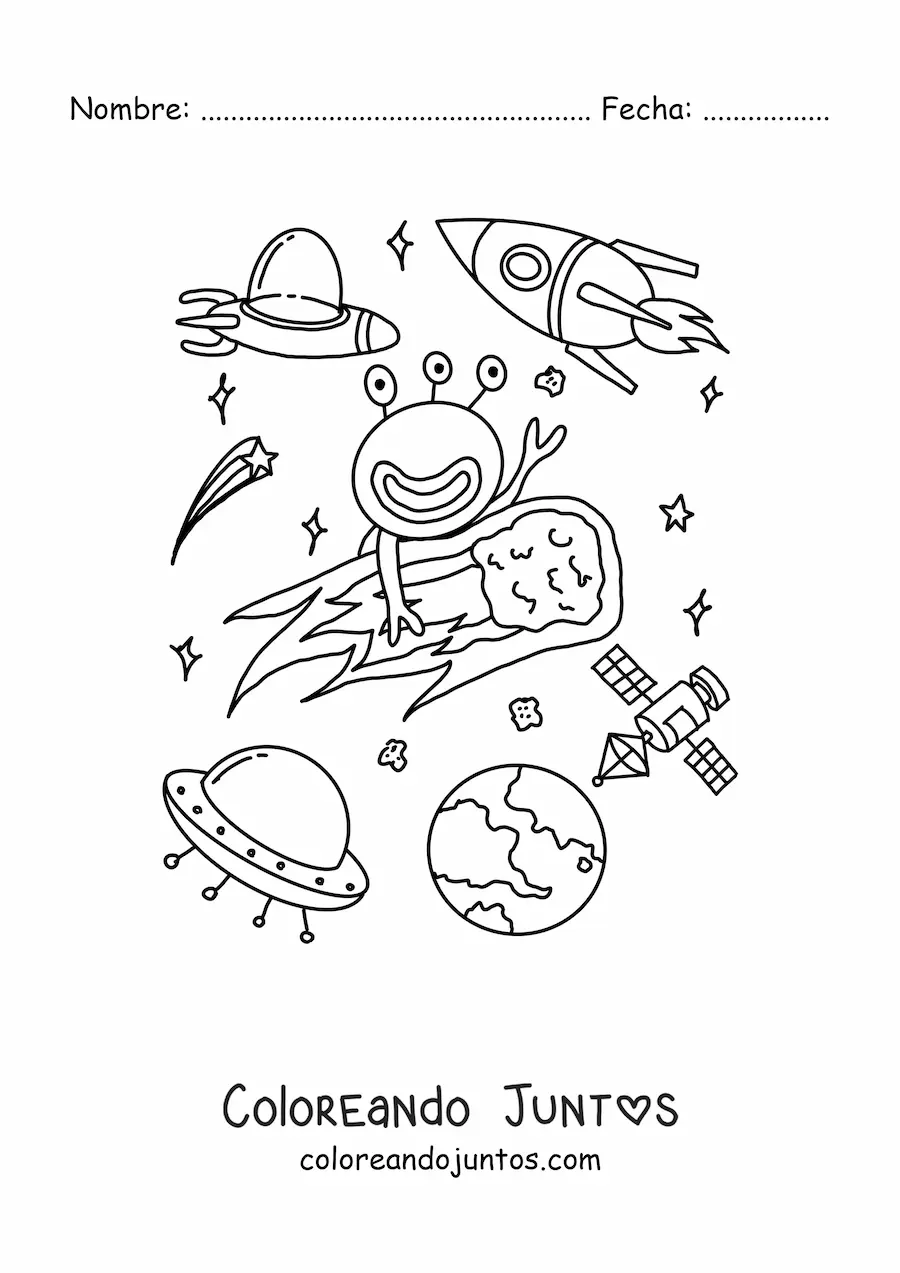 Imagen para colorear de marciano animado en un asteroide