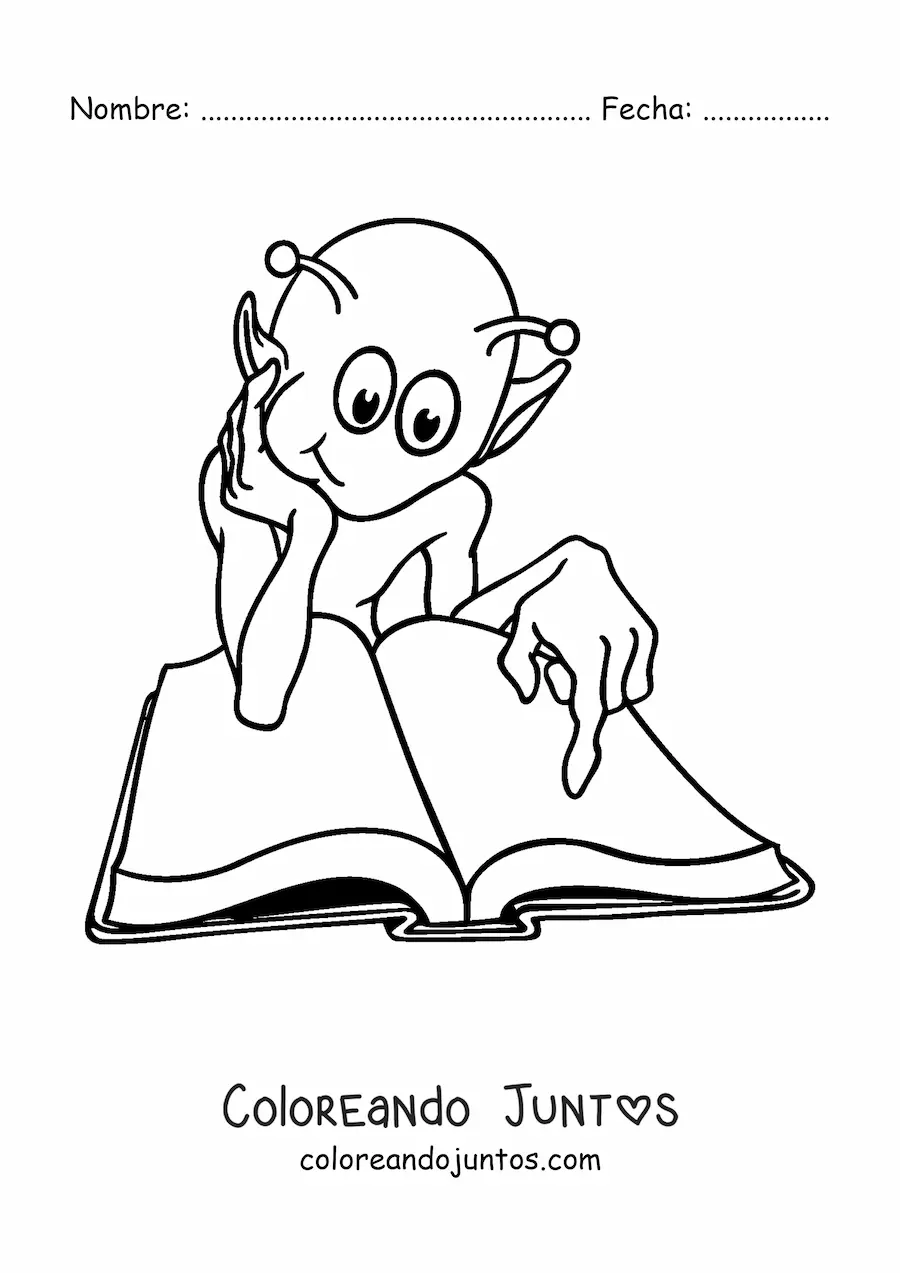 Imagen para colorear de caricatura de un marciano leyendo