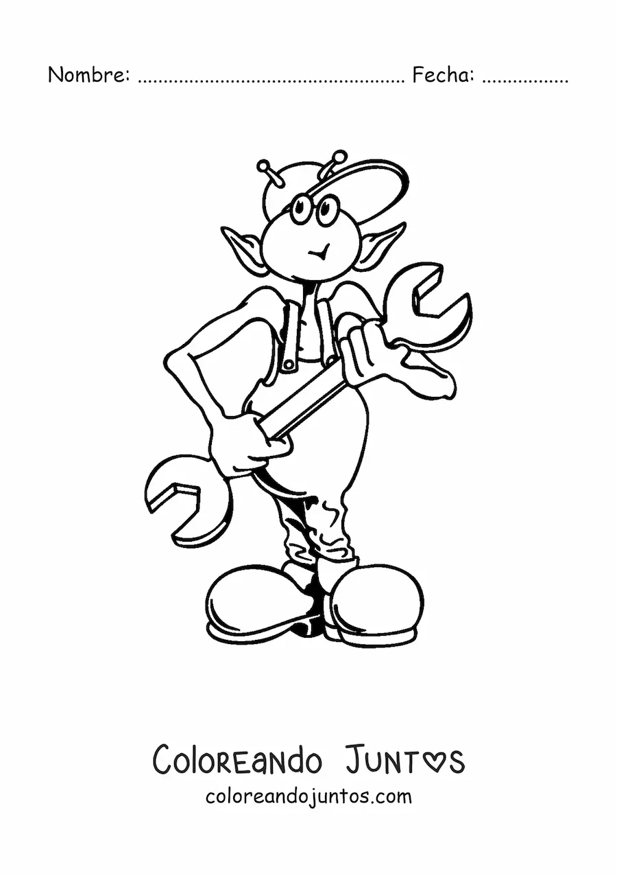 Imagen para colorear de caricatura de un extraterrestre con herramientas