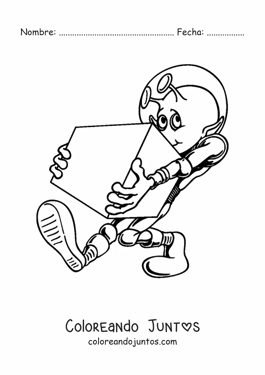 Imagen para colorear de caricatura de un marciano cargando una caja