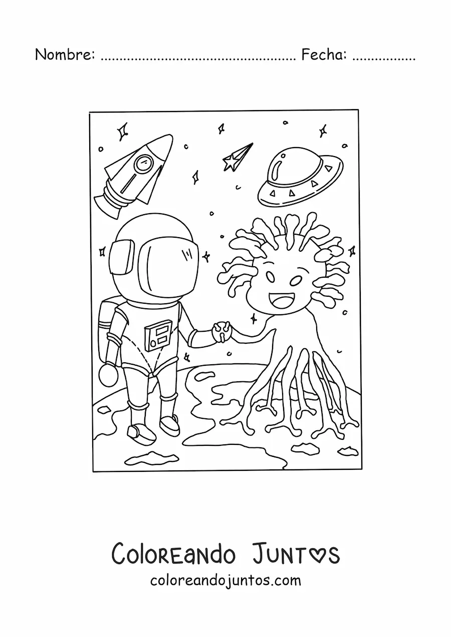 Imagen para colorear de astronauta saludando a un extraterrestre