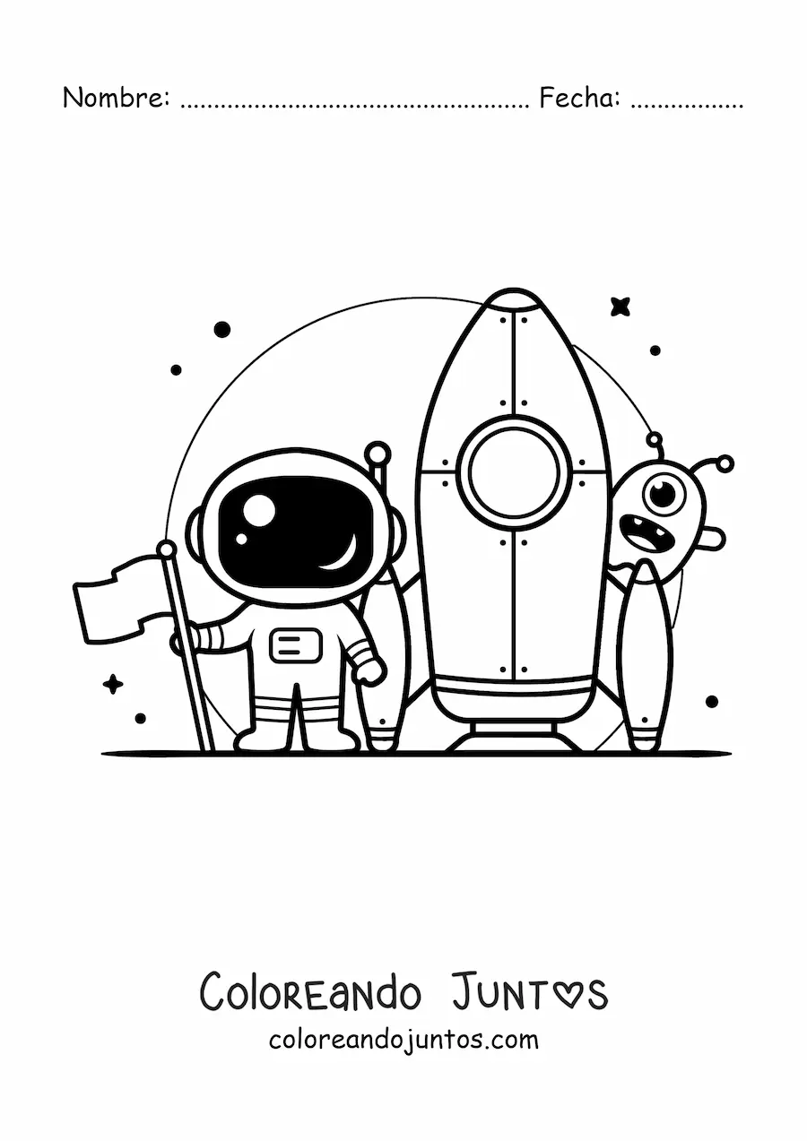 Imagen para colorear de astronauta con un cohete y un extraterrestre