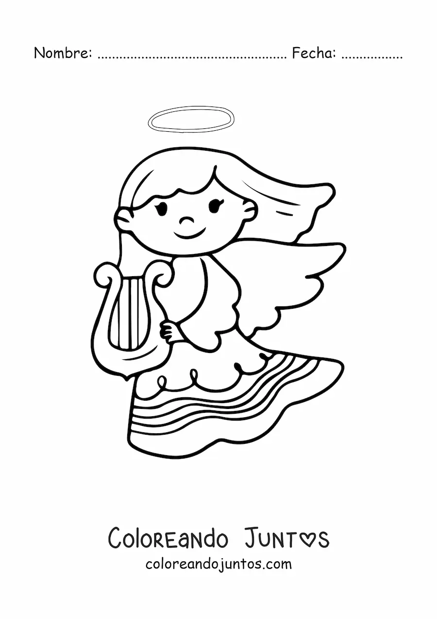 Imagen para colorear de chica ángel con arpa