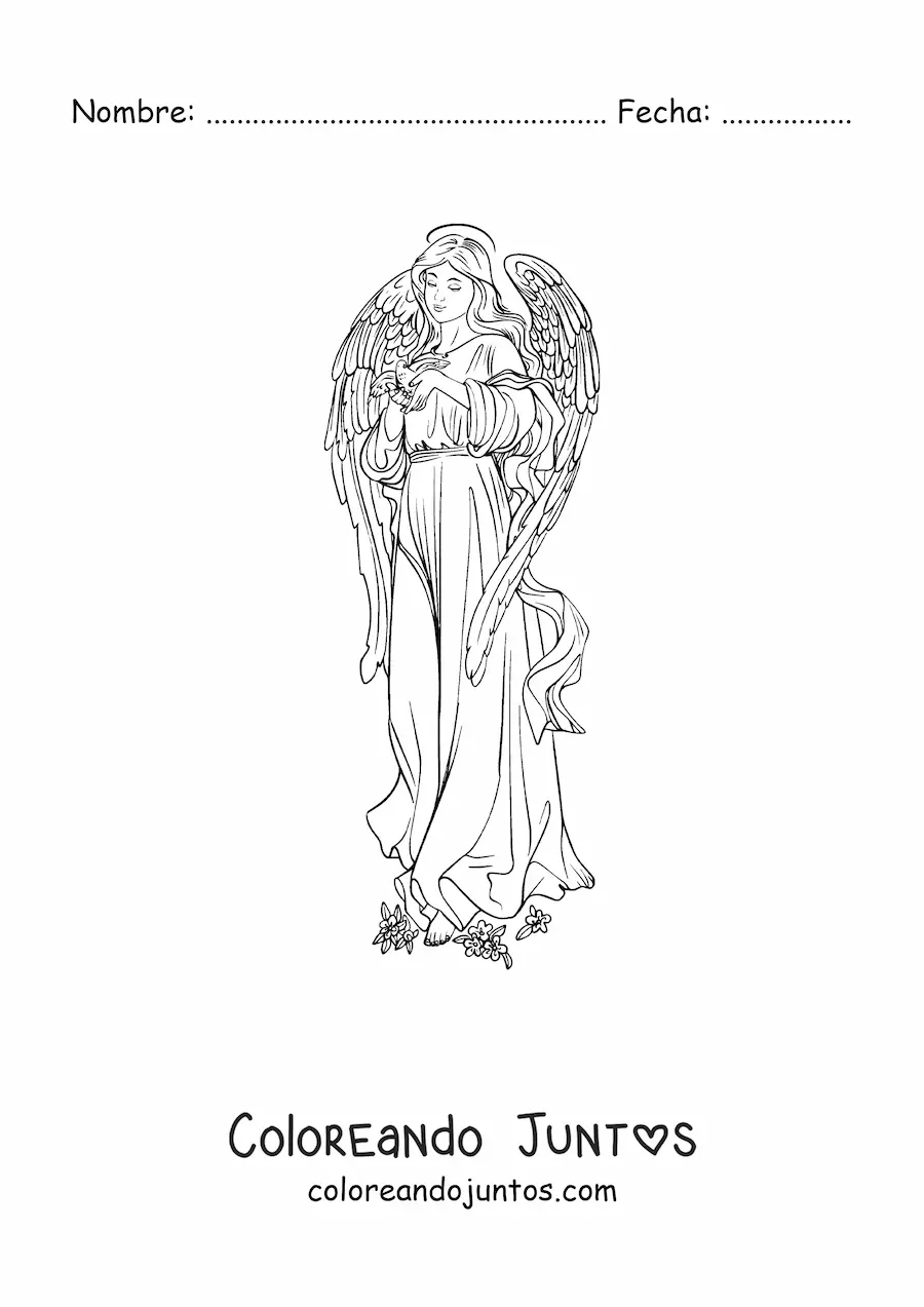 Imagen para colorear de ángel femenino realista con flores y una paloma