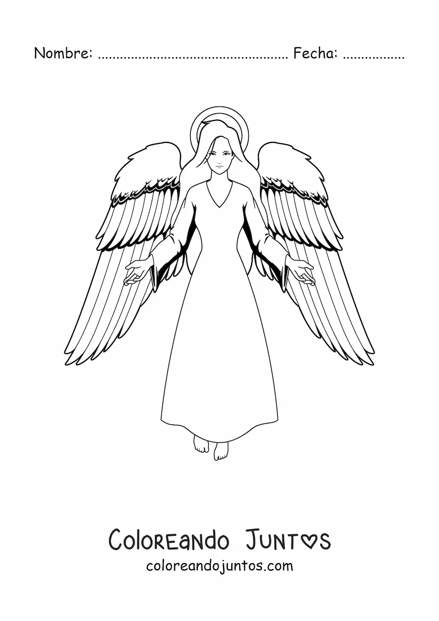 Imagen para colorear de mujer ángel con las alas abiertas