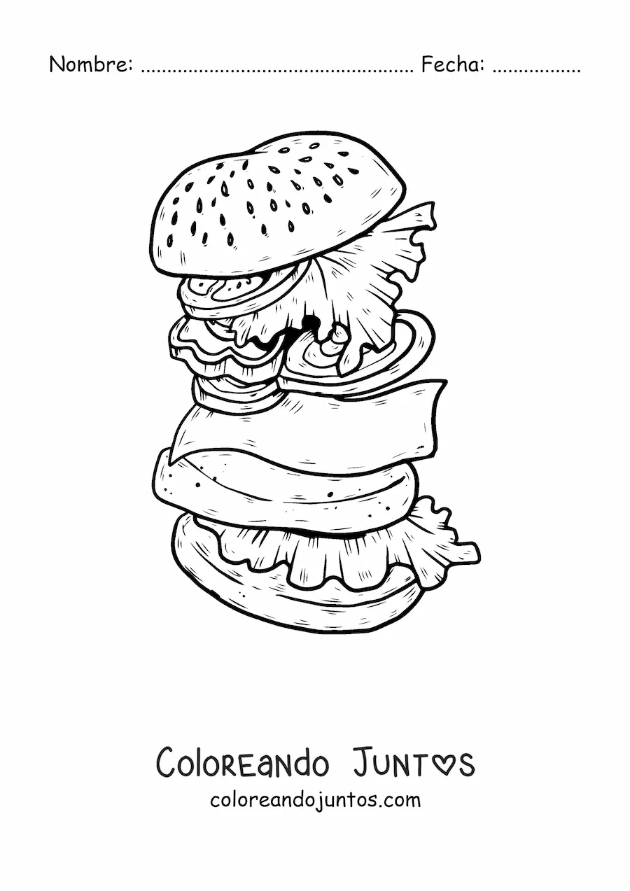 Imagen para colorear de una hamburguesa desarmada con lechuga, tomate, queso y carne