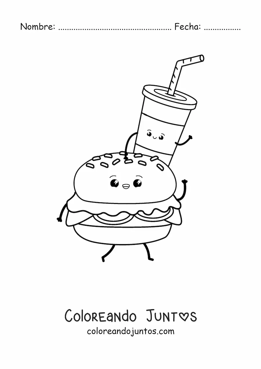 Imagen para colorear de una hamburguesa caminando con un refresco encima animado