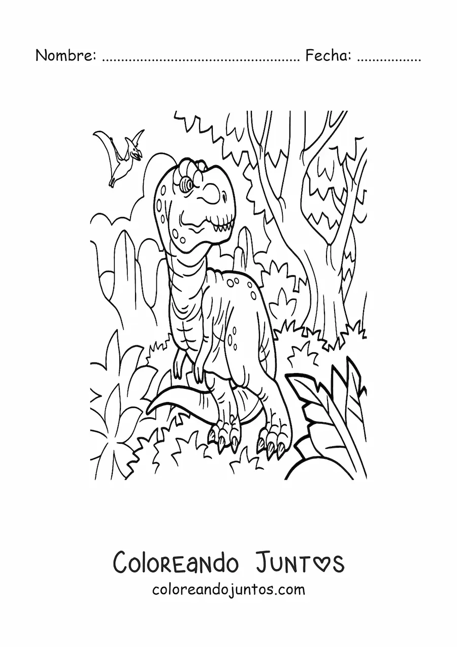 Imagen para colorear de tiranosaurio rex animado en su hábitat