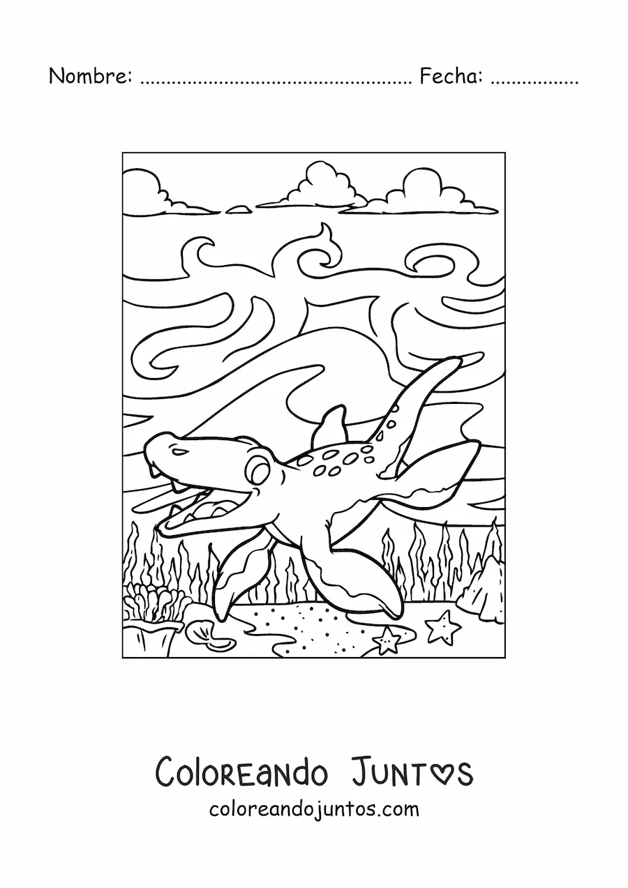 Imagen para colorear de dinosaurio acuático bebé animado en su hábitat