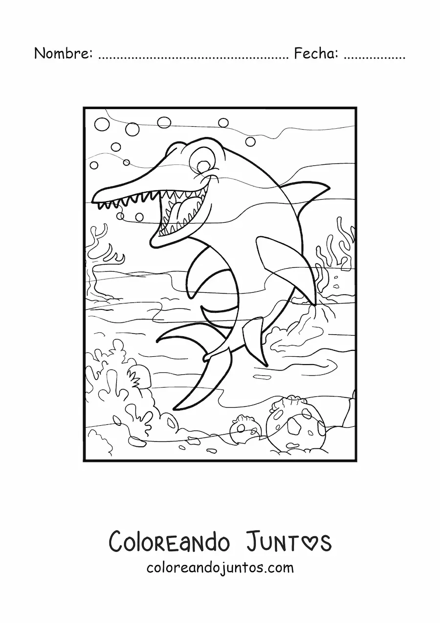 Imagen para colorear de dinosaurio acuático animado en su hábitat