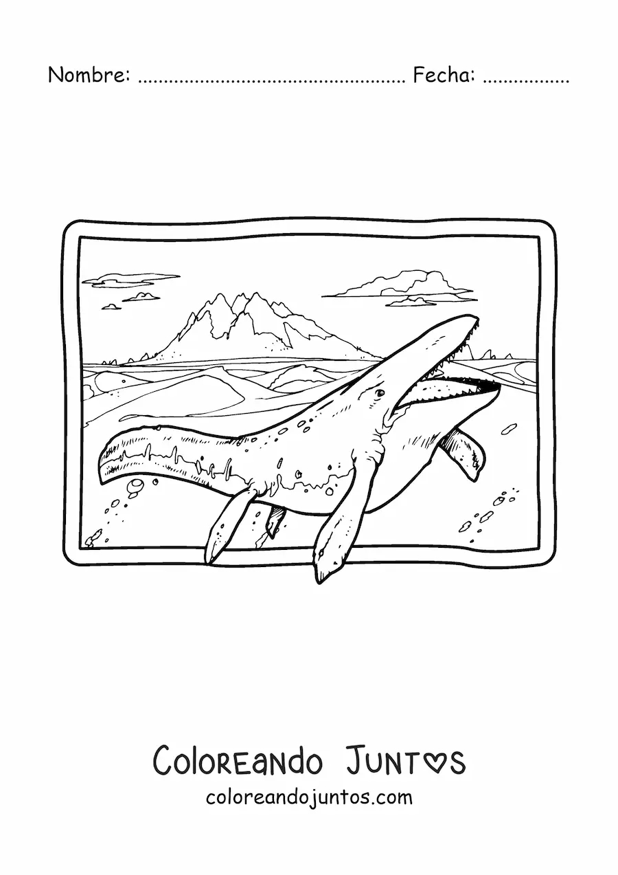Imagen para colorear de mosasaurus realista en su hábitat