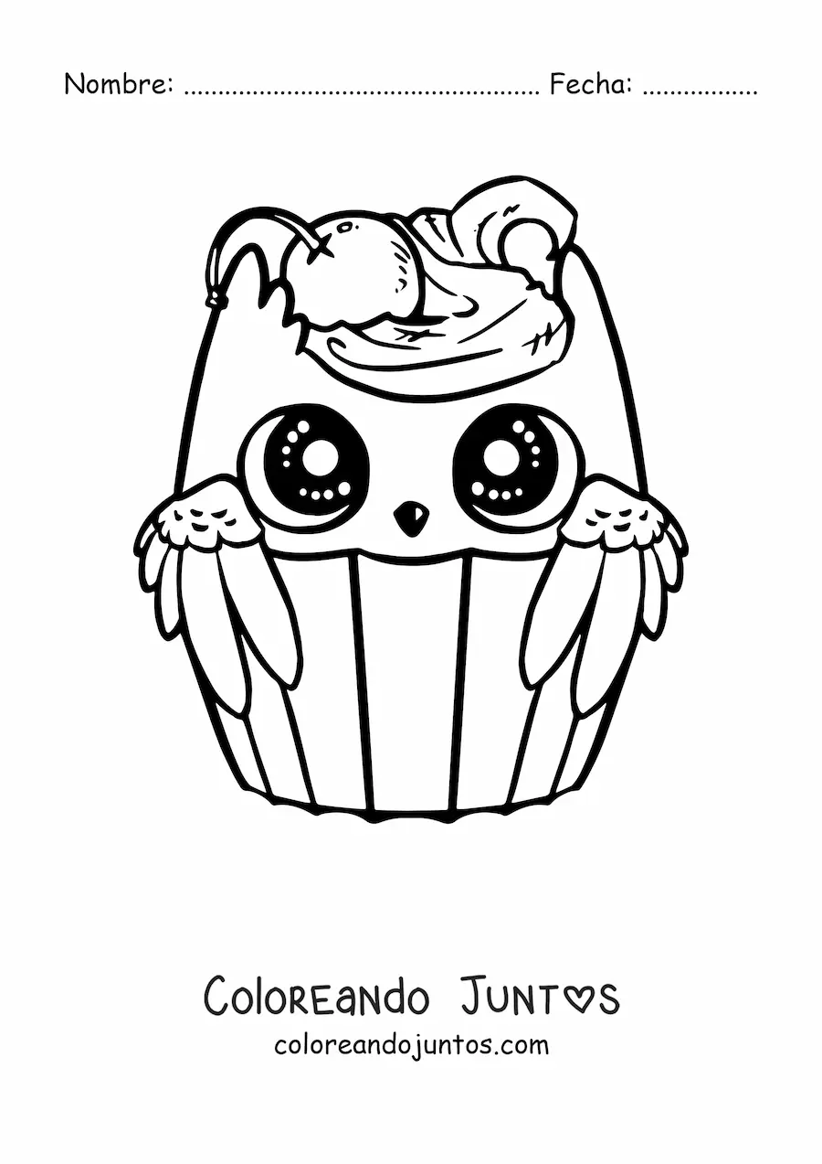 Imagen para colorear de un cupcake de buho kawaii con una cereza