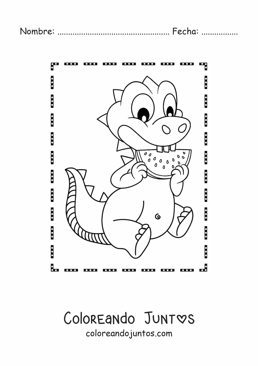 Imagen para colorear de dinosaurio bebé animado comiendo sandía