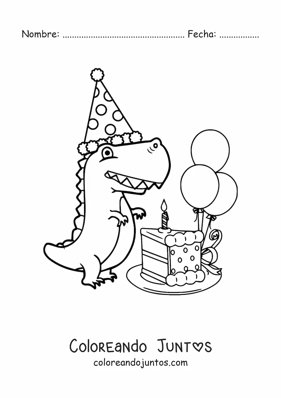 Imagen para colorear de dinosaurio bebé tiranosaurio con pastel de cumpleaños