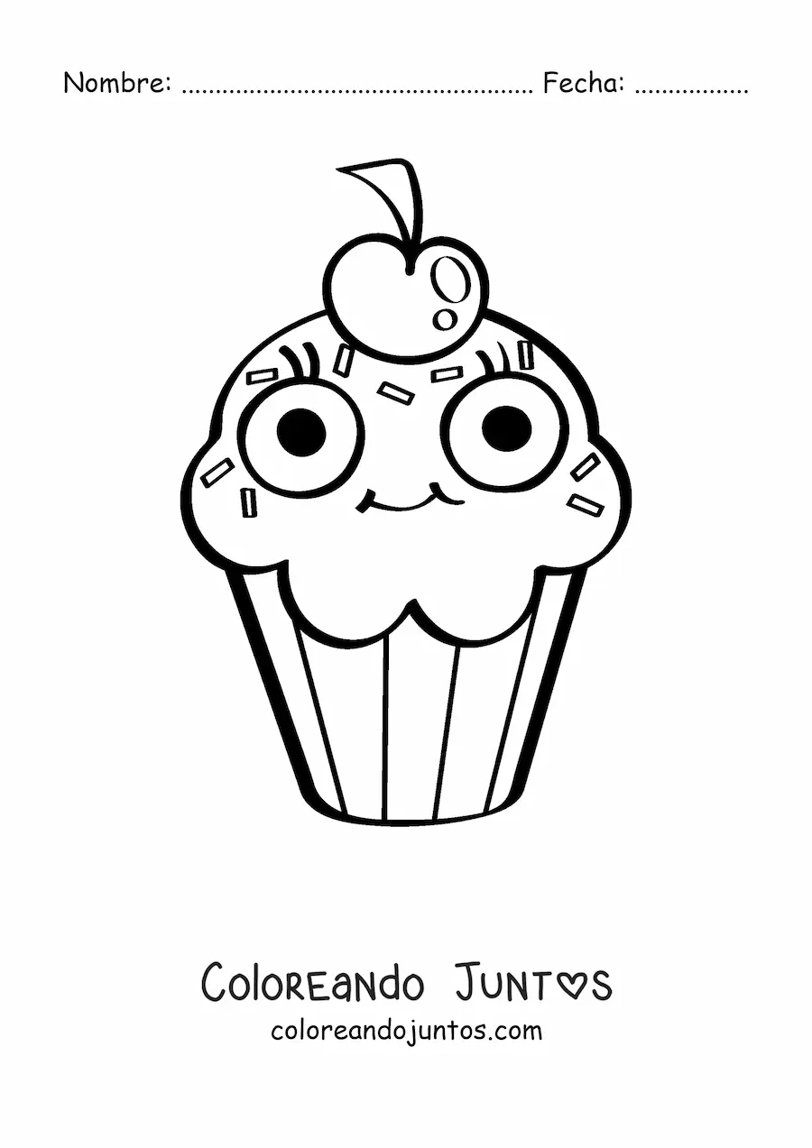 Imagen para colorear de un cupcake animado con una cereza