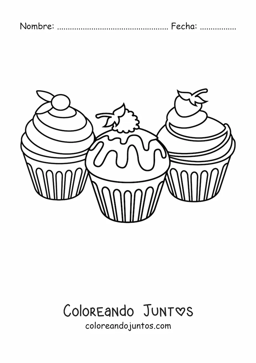 Imagen para colorear de tres cupcakes con glaseado y frutas encima