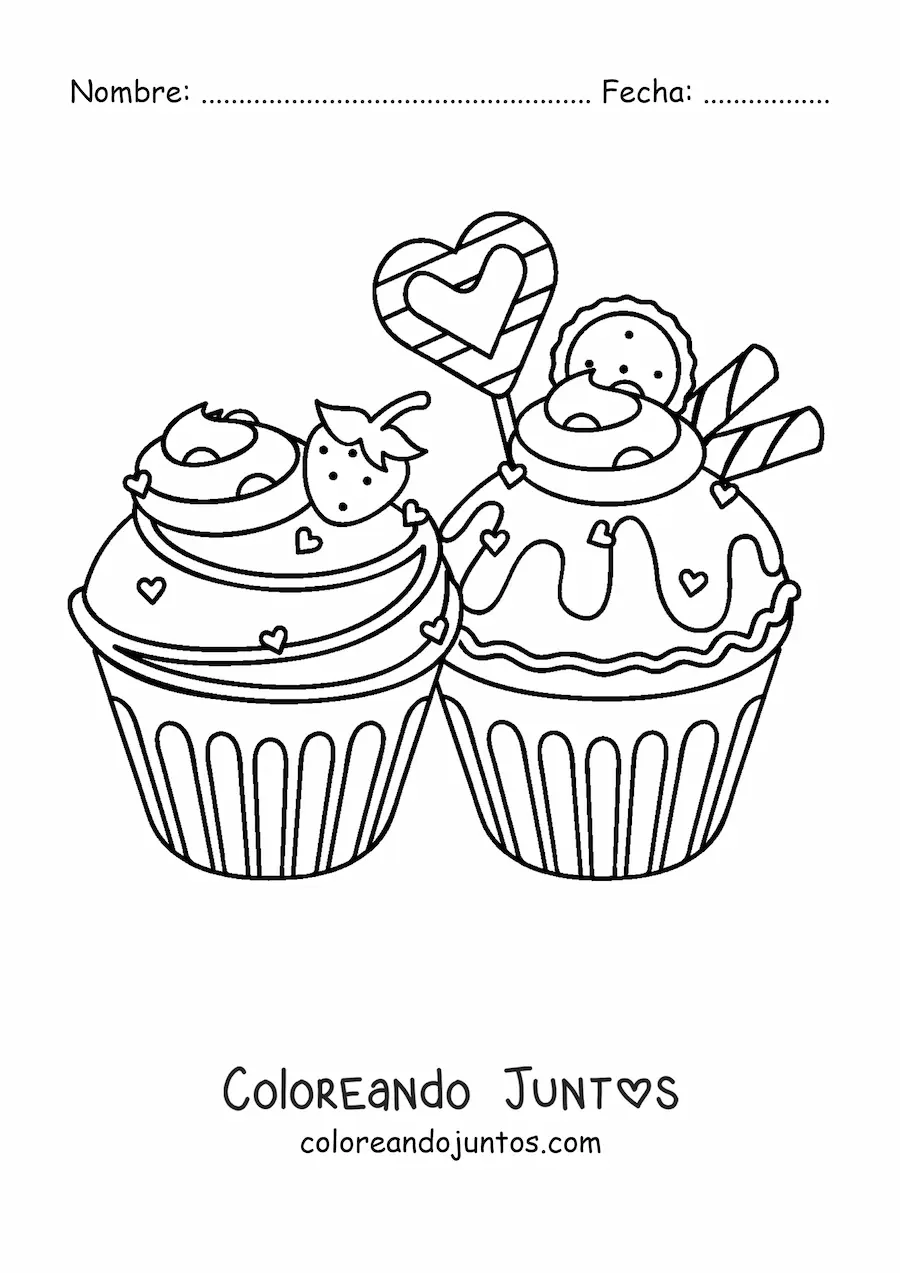 Imagen para colorear de dos cupcakes con corazones y una fresa