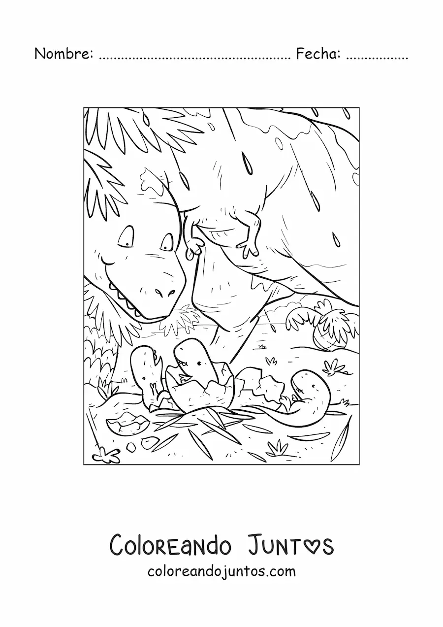 Imagen para colorear de mamá dinosaurio con sus bebés recién nacidos