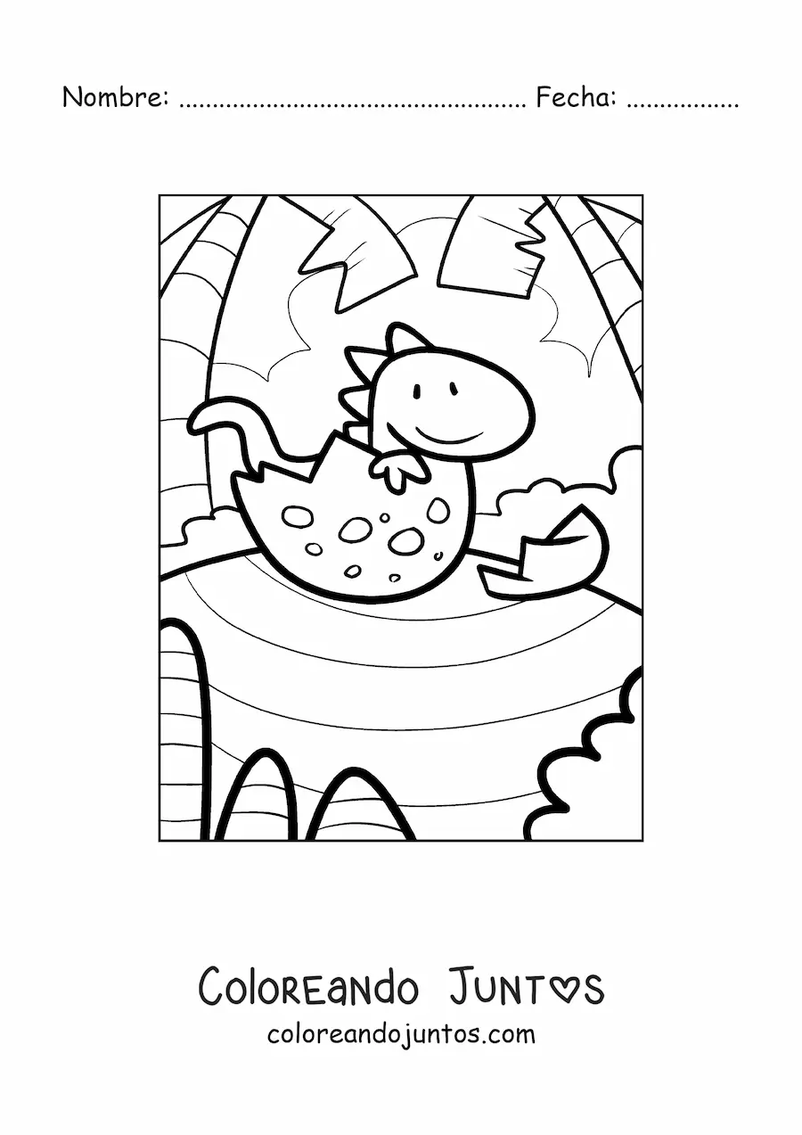 Imagen para colorear de caricatura de un dinosaurio saliendo del huevo