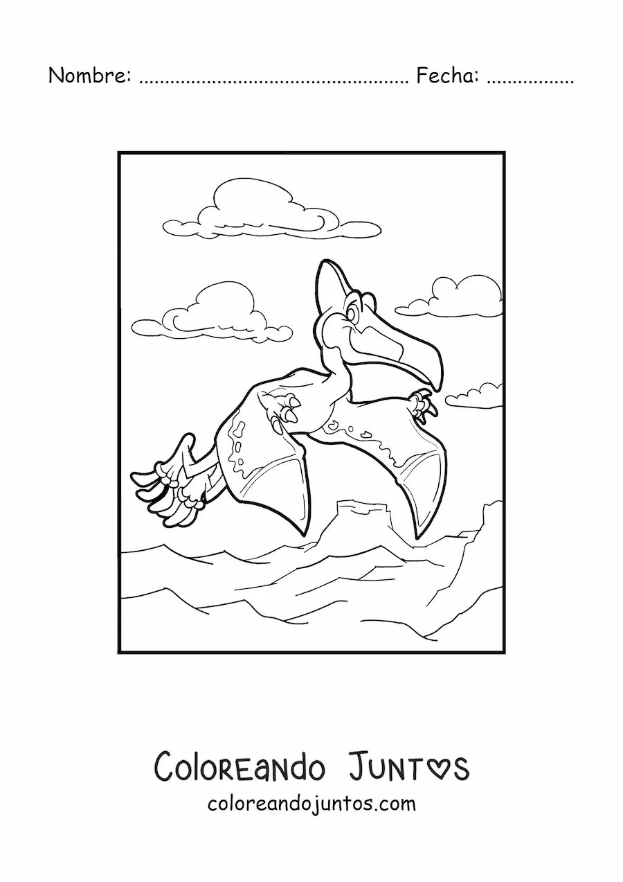 Imagen para colorear de dinosaurio volador volando