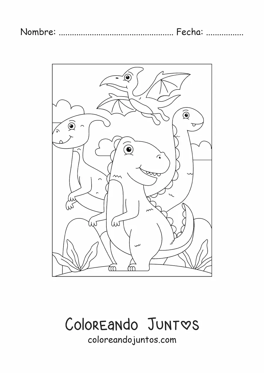Imagen para colorear de dinosaurios terrestres y pterodáctilo volando
