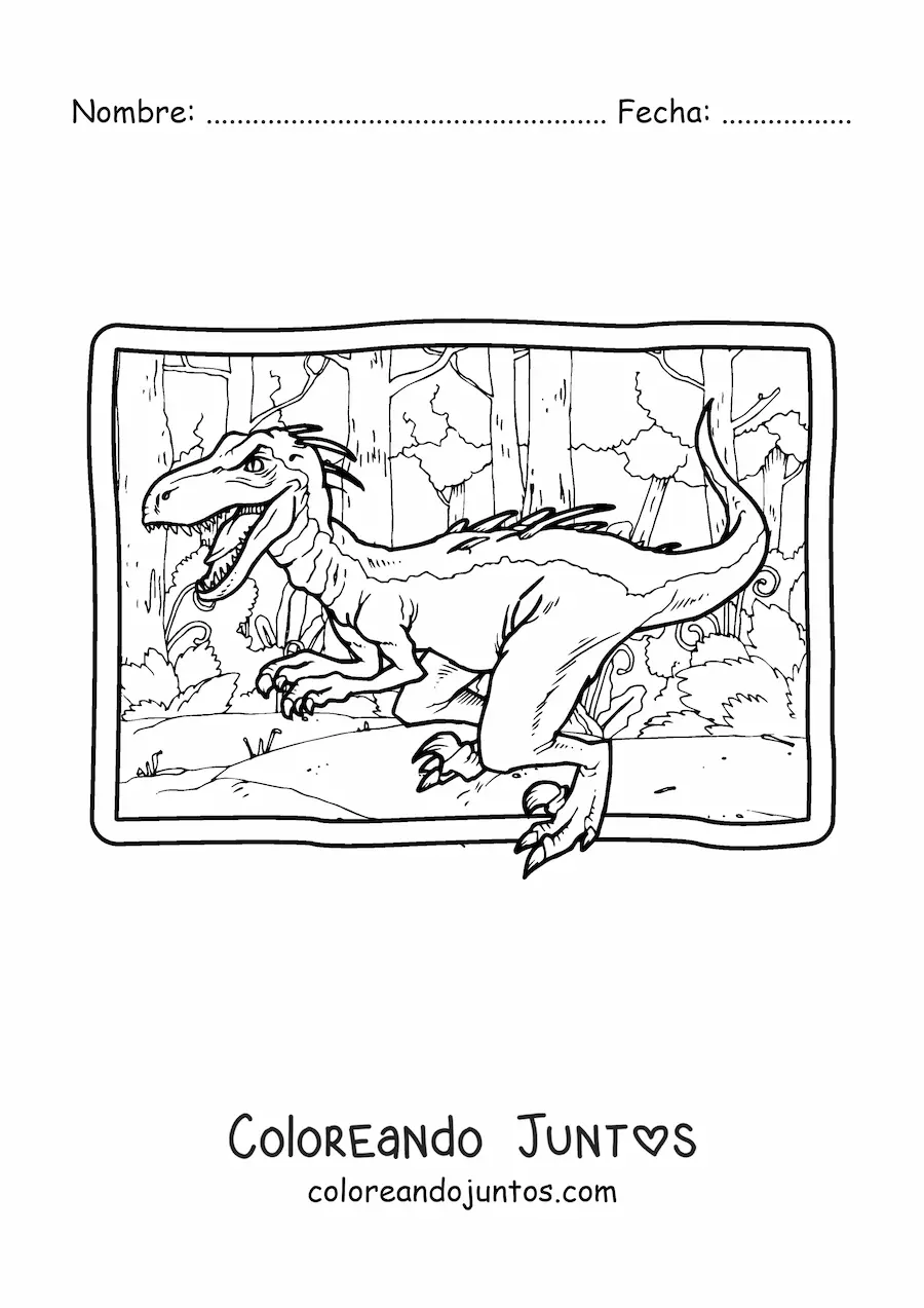 Imagen para colorear de velociraptor realista en su hábitat