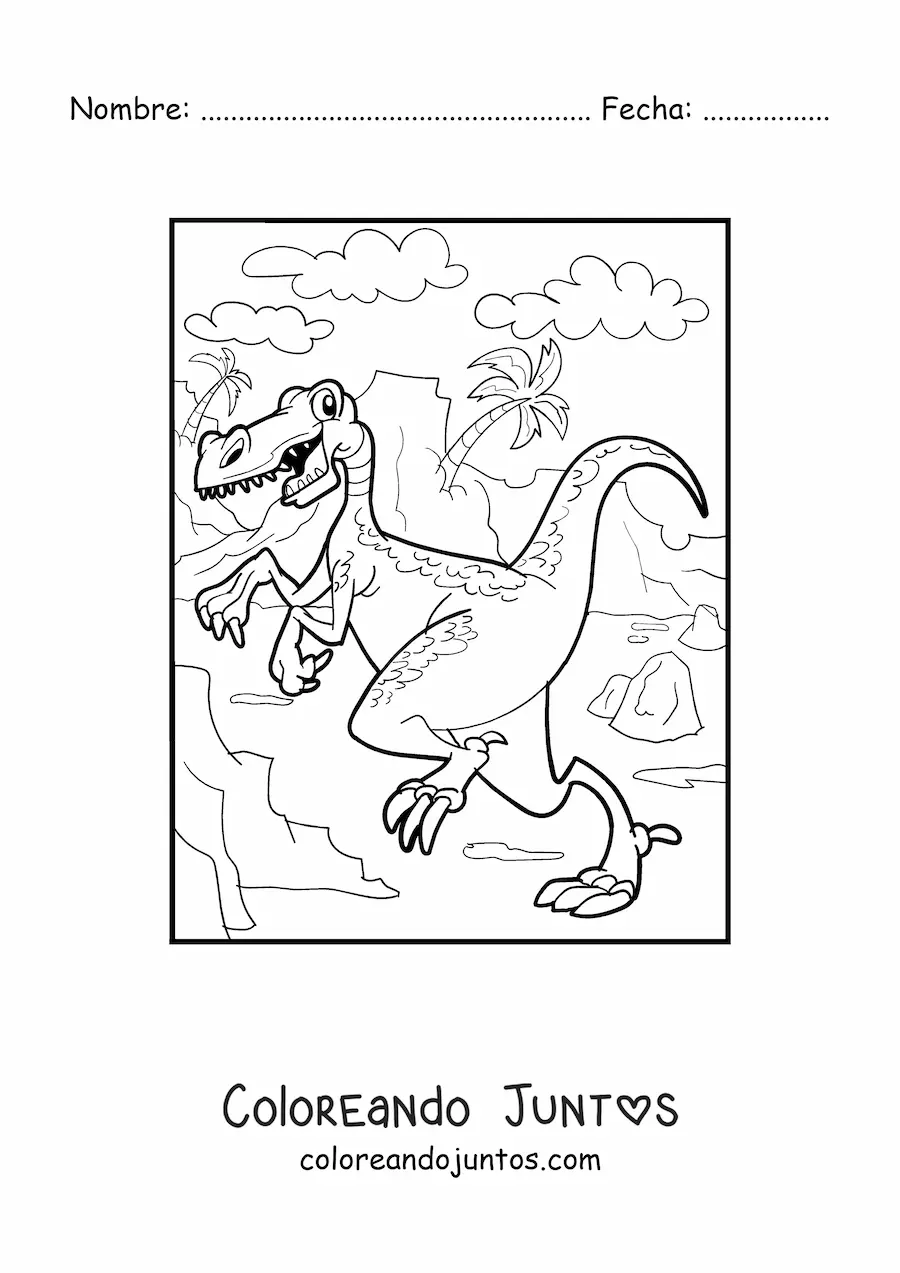 Imagen para colorear de velociraptor animado en su hábitat