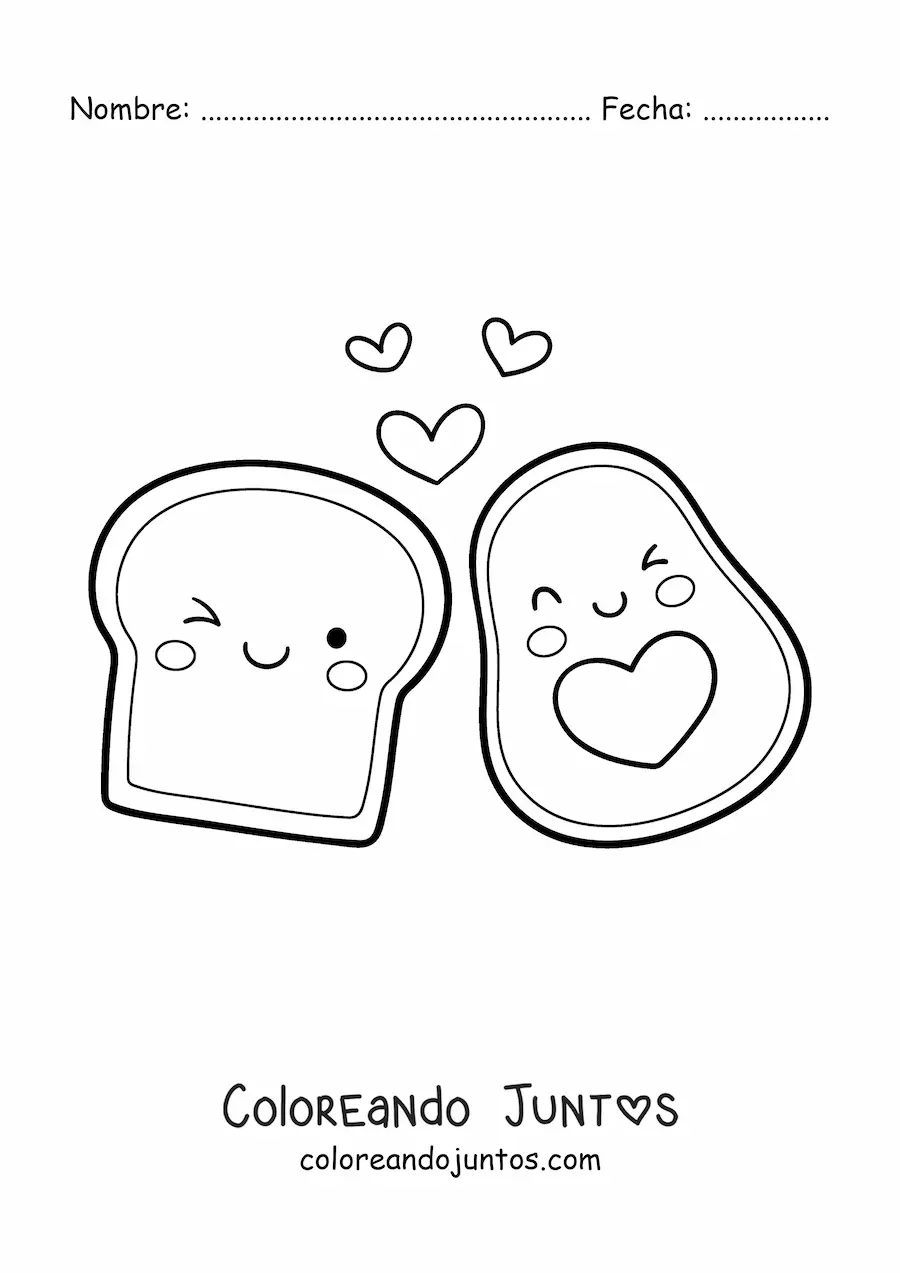Imagen para colorear de aguacate kawaii con tostada animada
