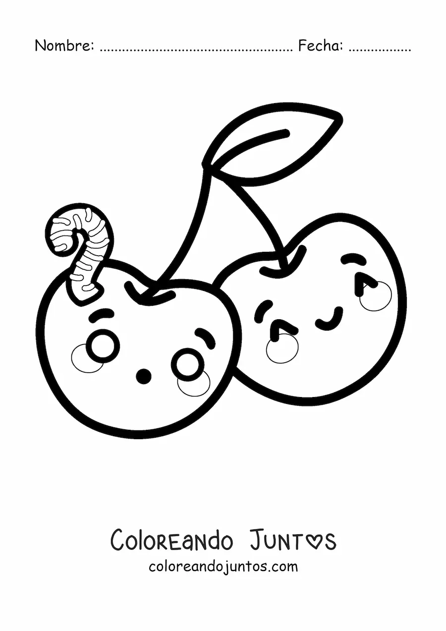 Imagen para colorear de cerezas kawaii con gusano