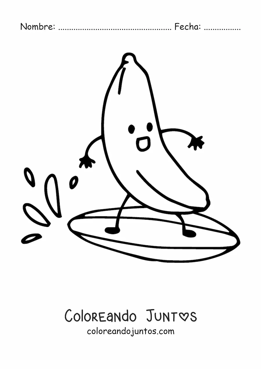 Imagen para colorear de banana animada surfeando