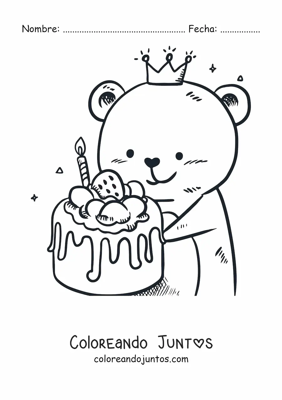 Imagen para colorear de oso con pastel de fresa