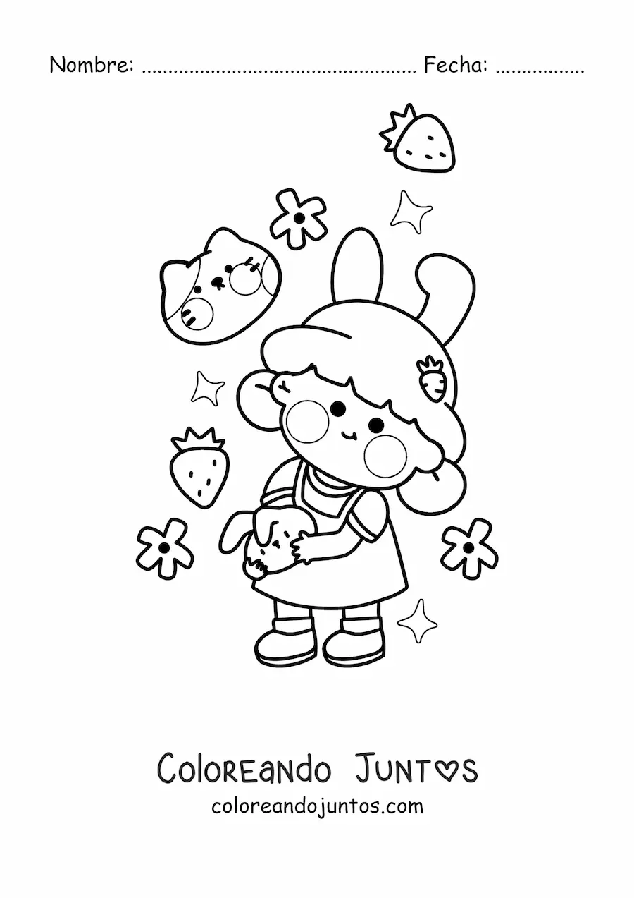 Imagen para colorear de niña con fresas kawaii