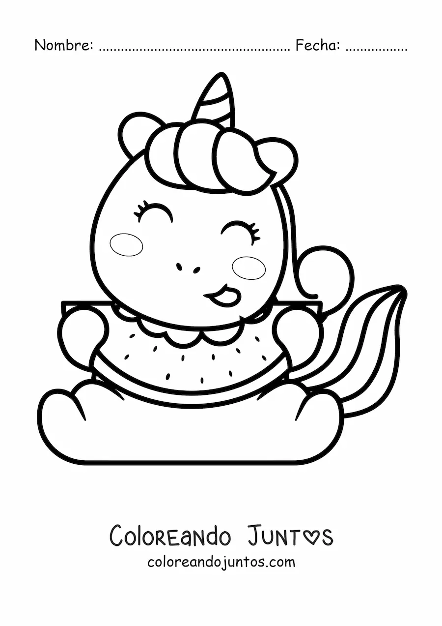 Imagen para colorear de unicornio comiendo sandía