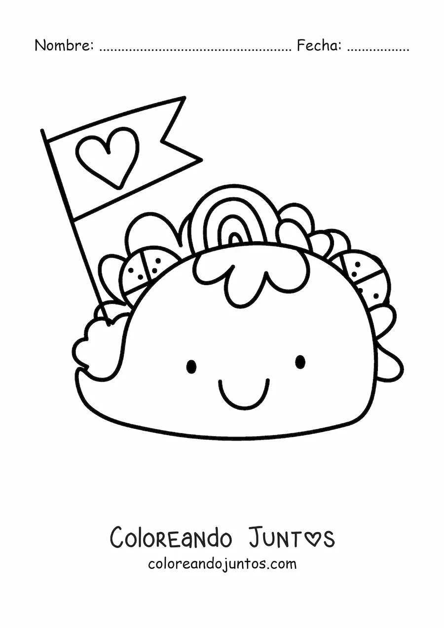 Imagen para colorear de un taco kawaii con un banderín de corazón