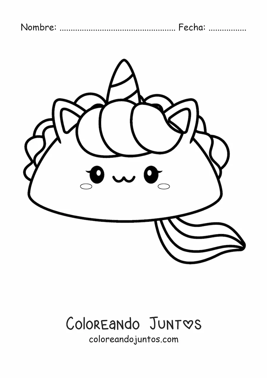 Imagen para colorear de un taco de unicornio kawaii