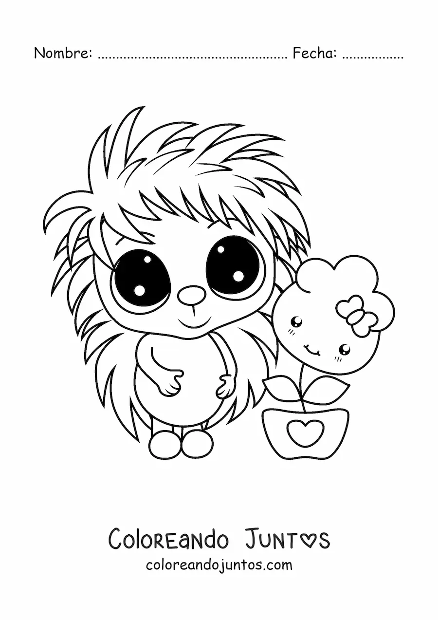 Imagen para colorear de puercoespín kawaii grande con flor