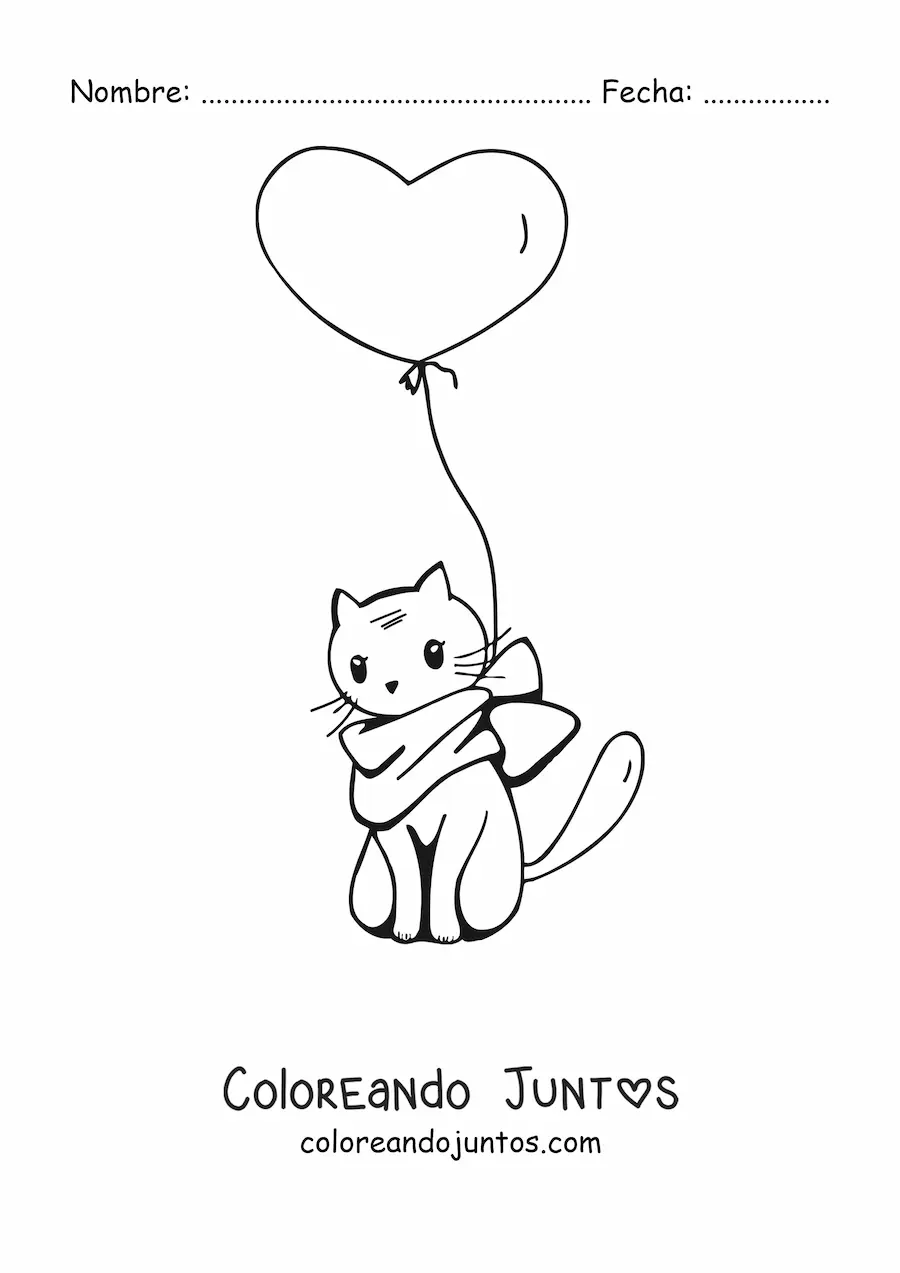 Imagen para colorear de gato kawaii con corazón