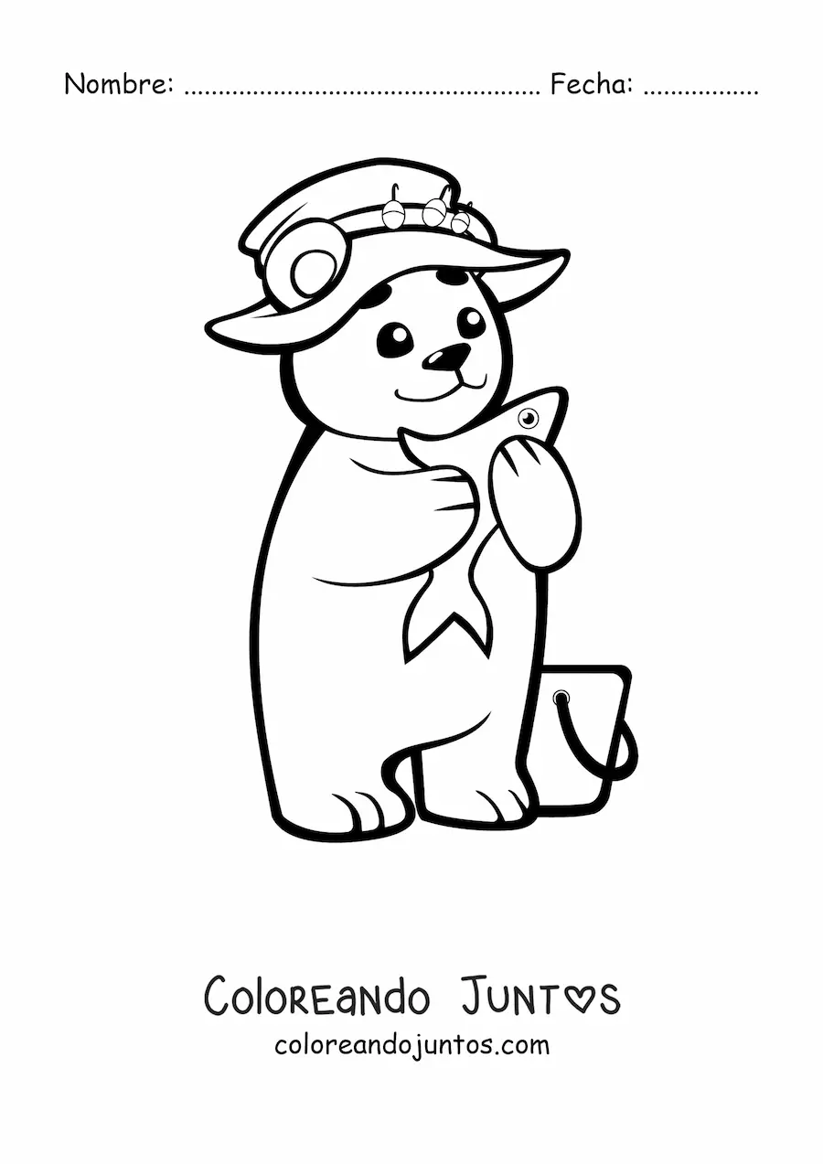 Imagen para colorear de oso bebé kawaii pescando