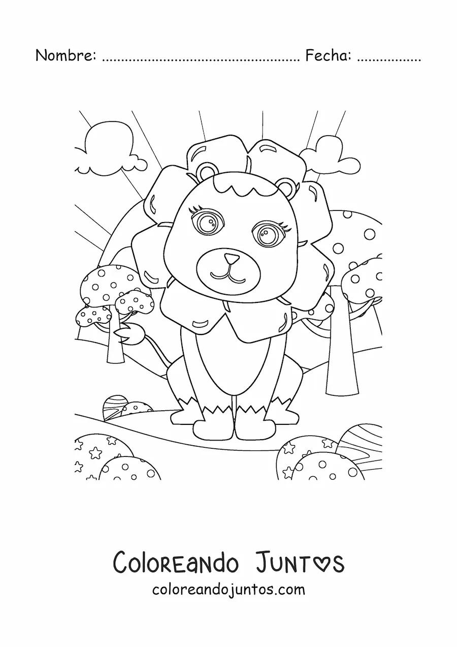 Imagen para colorear de león kawaii sentado en paisaje natural