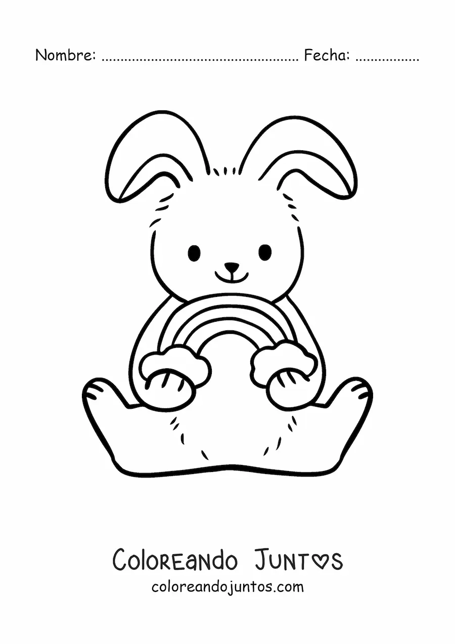 Imagen para colorear de conejo tierno sentado con arcoíris