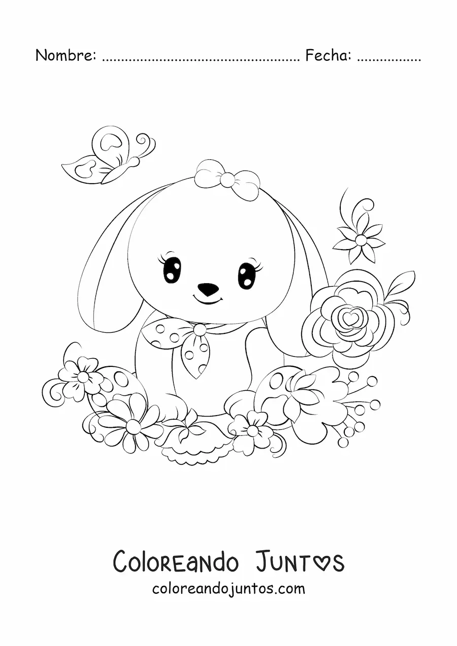 Imagen para colorear de conejo kawaii con orejas caídas y flores