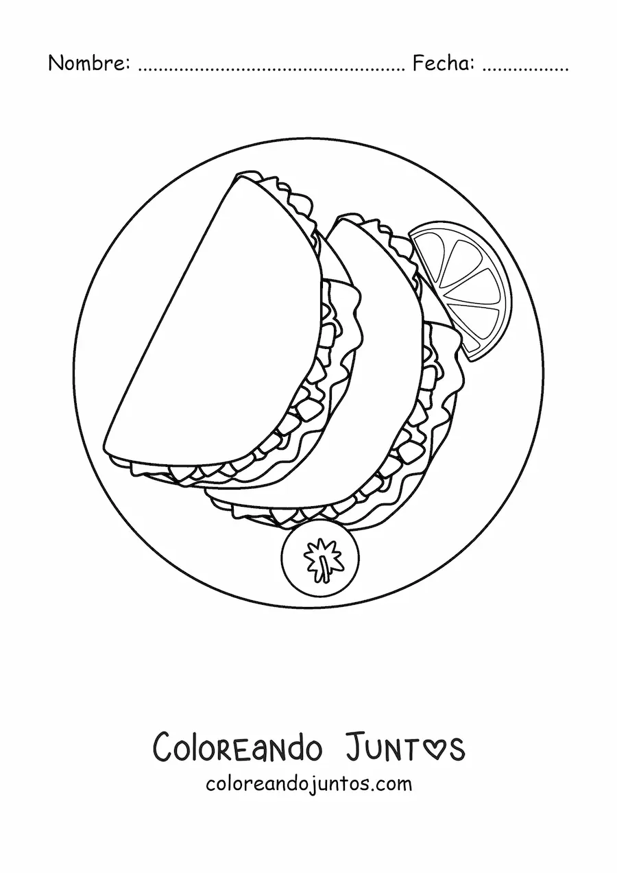 Imagen para colorear de un plato de tacos con un tomate y un trozo de limón