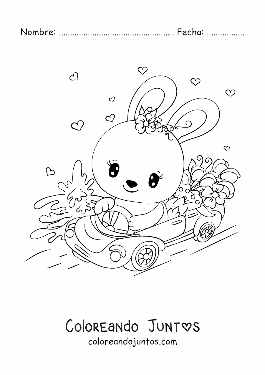 Imagen para colorear de conejo kawaii en un auto