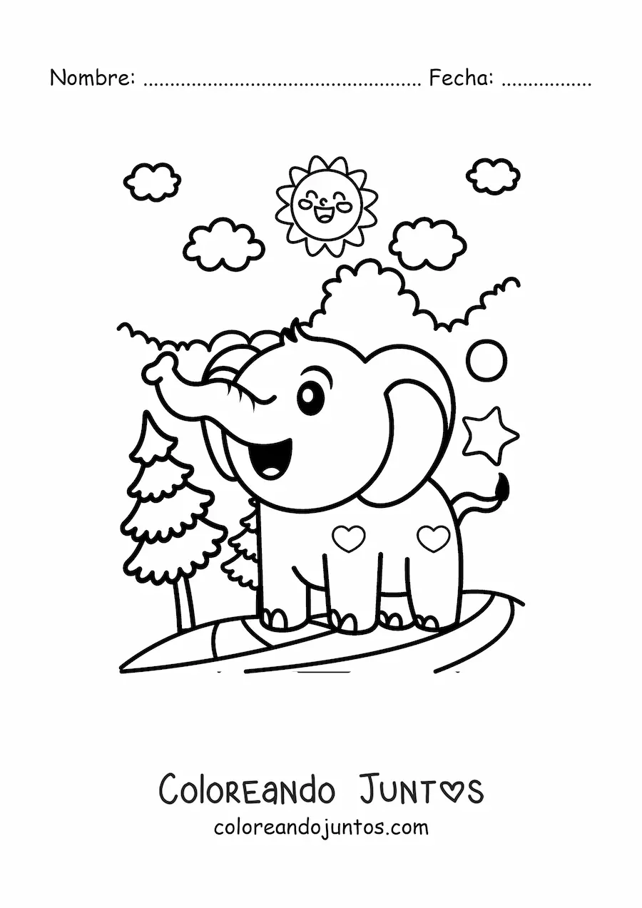 Imagen para colorear de elefante bebé kawaii en la selva
